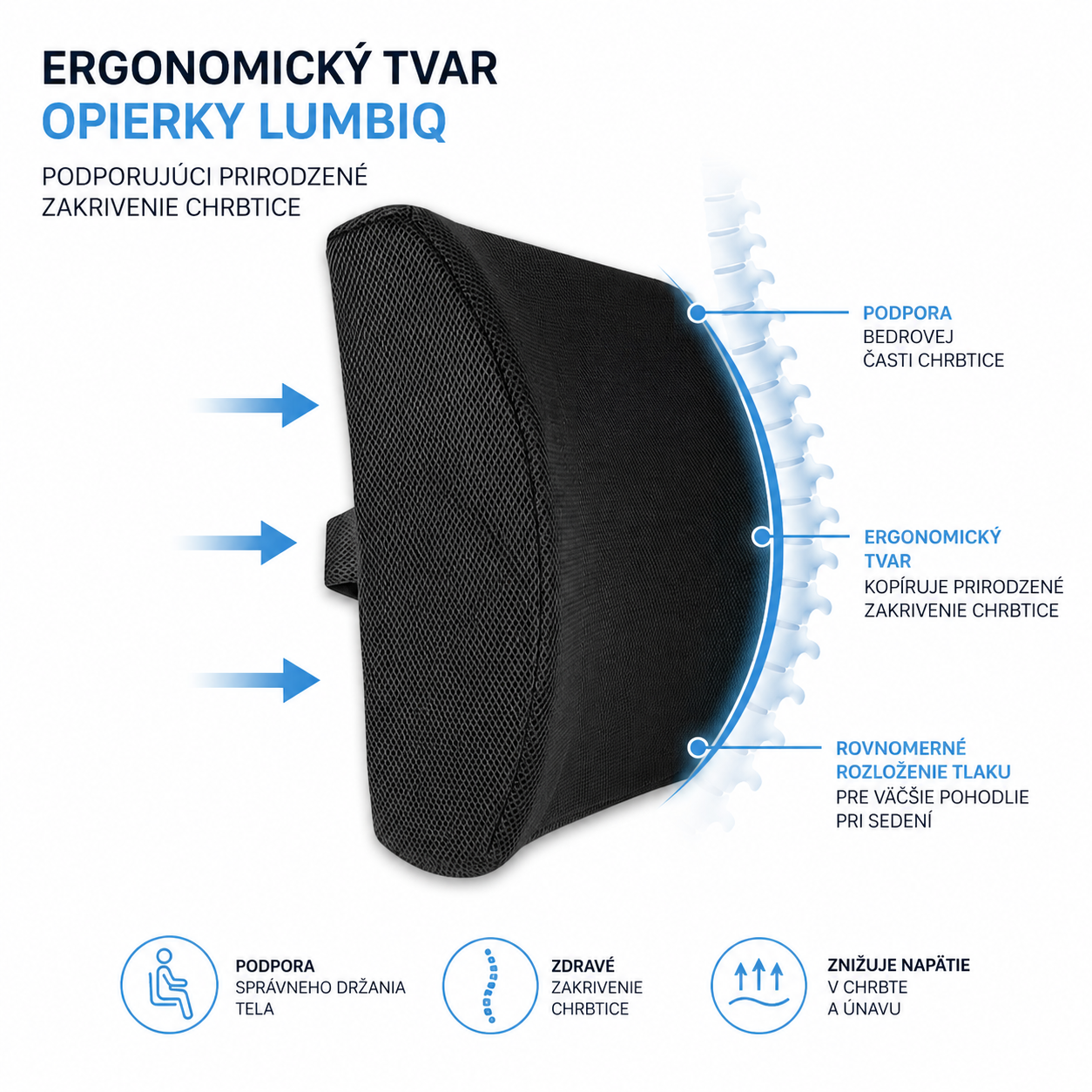 Ergonomický tvar opierky Lumbiq podporujúci prirodzené zakrivenie chrbtice